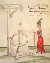 Kobieta czerpiąca wodę ze studni, ilustracja z "De Machinis" (pióro, tusz i wc na papierze)